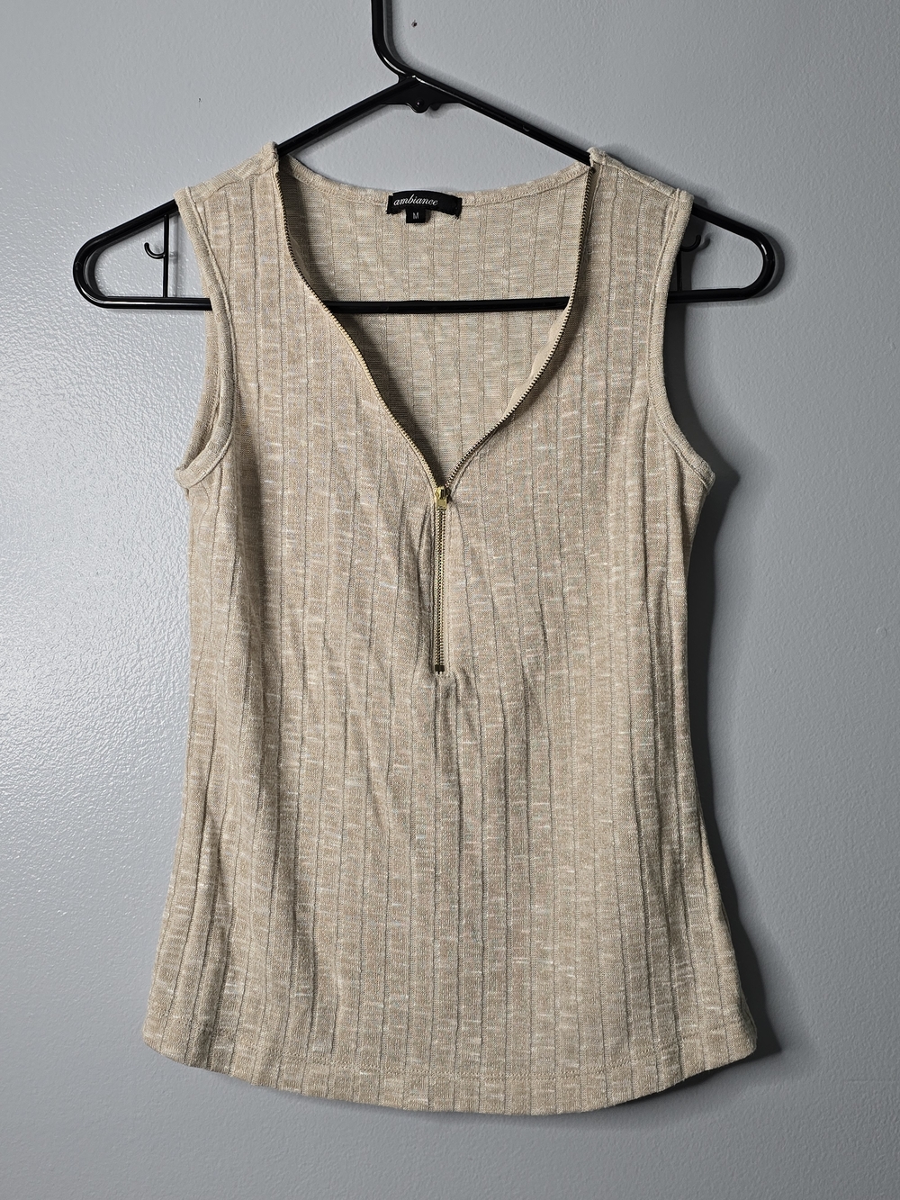 Ambiance Beige Ribbed Zip-Front Sleeveless Tank